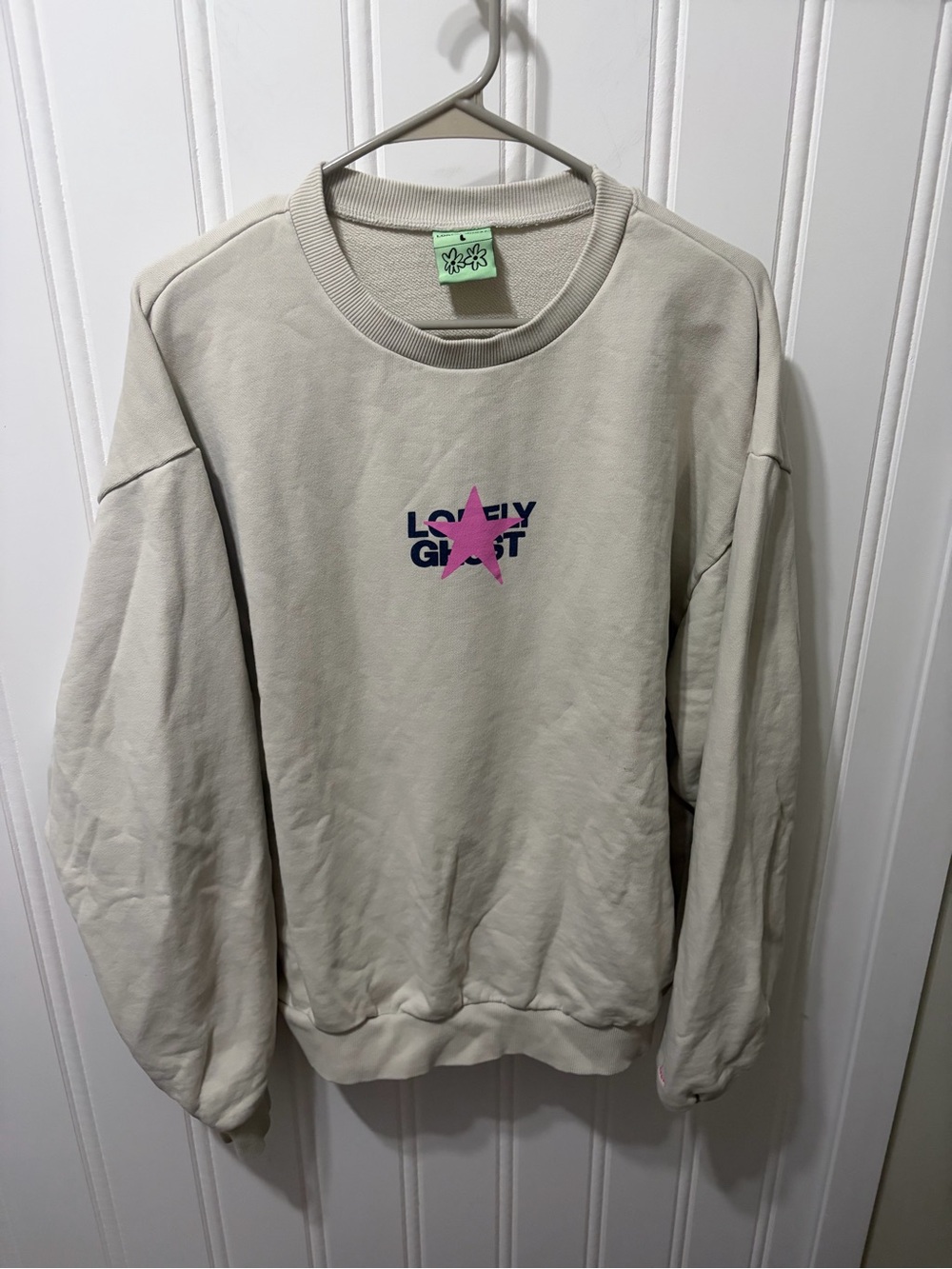 Lonely Ghost Cream Pink Star Oversized Graphic Crewneck Sweatshirt - Size L